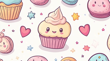 Cute Cartoon Cupcakes Macarons And Hearts Pattern