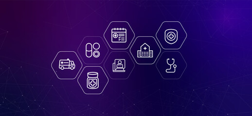 Health gradient header healthcare protection medical doctor checkup diagnosis consultation telemedicine treatment epidemiology medical technology health policy technology tech icon design illustration