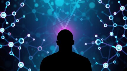 Silhouette of a figure standing in front of a network of glowing connections and digital interface.