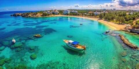 Fototapeta premium Cyprus Fig Tree Bay Drone Photo: Panoramic Watersports Boat Aerial View