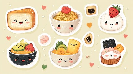 Adorable Kawaii Food Stickers Featuring Various Dishes