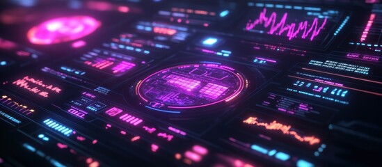 Futuristic digital interface with data visualizations.