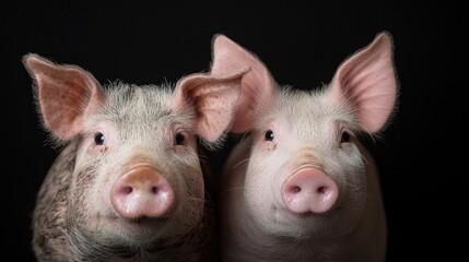 Two piglets facing forward on black background.  Possible use stock photography