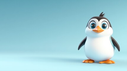 Fototapeta premium Cute cartoon penguin character standing on a blue background, perfect for children's themes and illustrations.