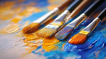 Fototapeta premium Close-up of paintbrushes resting on a vibrant palette with colorful strokes of paint, showcasing artistic creativity