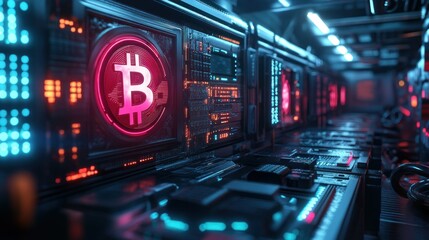 Futuristic digital environment with Bitcoin symbols.