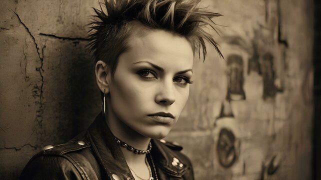 Grunge 1990s Punk Rock Woman Portrait in Urban Setting Vintage Sepia Style