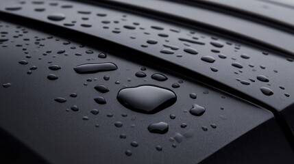 Close-up of water droplets on a sleek black tire surface, showcasing texture and detail