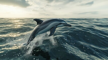Fototapeta premium Dolphin leaping ocean sunset wildlife