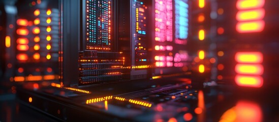Futuristic data center with glowing server components.