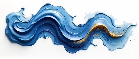 Large blobs of oil paint in blue and gold tones, spreading over a white background, with a volume and gloss effect