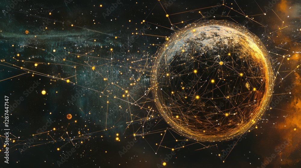 Poster futuristic digital visualization of a data planet with glowing dots and interconnected network lines