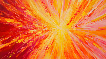 A vibrant painting featuring a bright orange and yellow burst of color on a canvas background