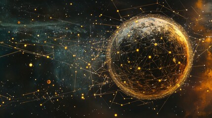 Futuristic digital visualization of a data planet with glowing dots and interconnected network lines, representing global technology, big data, and ai-driven connectivity in a high-tech virtual space