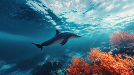 Obraz premium Dolphin swims coral reef ocean sun