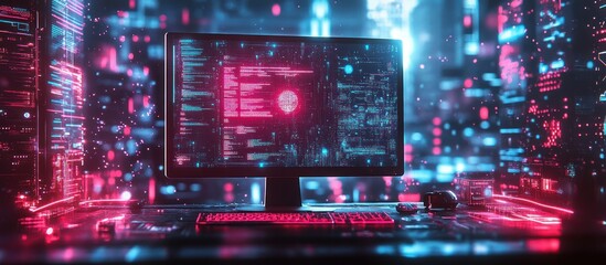 Obraz premium Futuristic computer setup with glowing data visuals.
