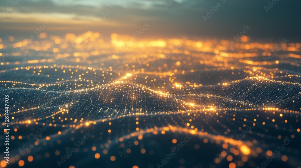 Poster futuristic digital visualization of a data planet with glowing dots and interconnected network lines