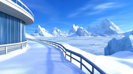 Snow-covered mountains and icy landscape viewed from a modern curved balcony in winter