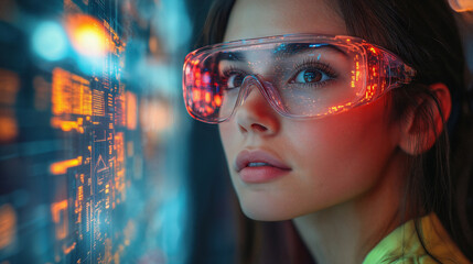 Software engineer working with futuristic transparent display and smart glasses in data center