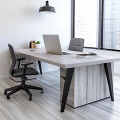 Minimalist Office Setup with Light Gray Desk Black Chair and Sunlight Streaming Through Window