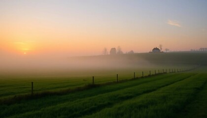 Fototapeta premium Misty Sunrise over Serene Farmland