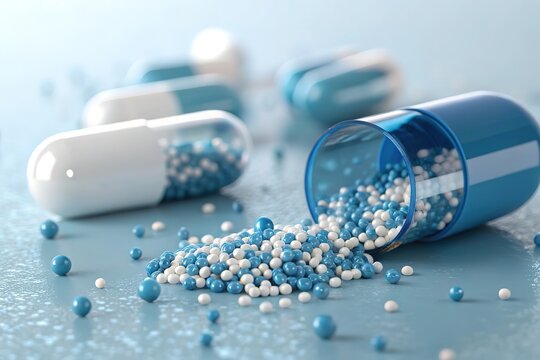  Open capsule spilling blue and white micro-granules, representing medicine, pharmaceuticals, and healthcare treatment.