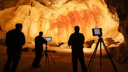 Researchers documenting ancient cave paintings with tablets in a dimly lit cavern
