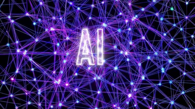 Artificial Intelligence algorithms visualization as complex neural networks, text AI glowing in the center.
