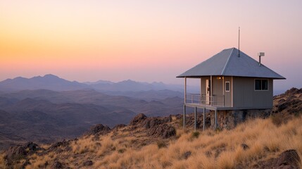Scenic mountain cabin at sunset, surrounded by golden grass and distant peaks, serene atmosphere