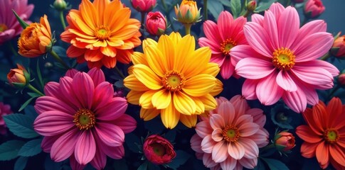 Fototapeta premium Colorful flower explosion, rich hues, abundant petals, summer, ranunculus, lily