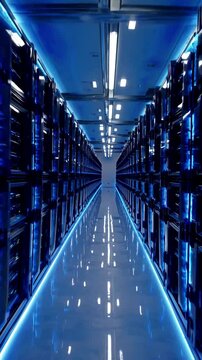 A long shot dolly-in moves through a narrow, endless aisle of servers, bathed in a deep blue glow, with cool overhead lighting casting rhythmic shadows on polished floors. Vertical video backgrounds
