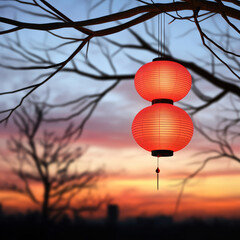 Obraz premium Red lanterns hanging from branches against sunset sky