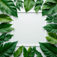 Naklejka premium Green Leaves Framing White Square Natural Mockup for Product Display