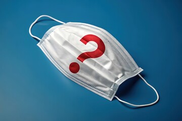 White face mask with a red question mark on a blue background, representing uncertainty, questions, and concerns about health and safety