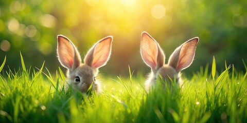 Drone Shot Rabbit Ears Grass, Spring Meadow, Cute Bunny, Wildlife Photography, Aerial View, Nature Background, Copy Space