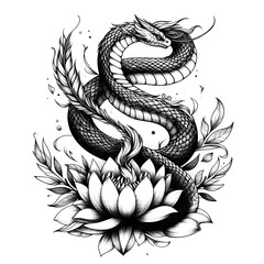 Obraz premium A snake and lotus forming an 'S' with a phoenix feather detail. sketch engraving, white background.