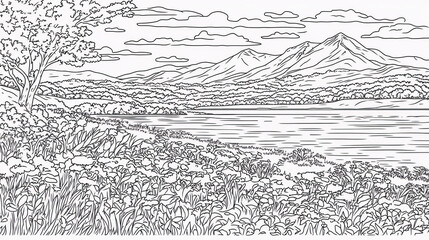 Fototapeta premium serene landscape coloring page featuring mountains, lake, and flowers