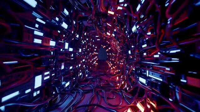 Low angle tracking shot follows tangled wires and humming servers, bathed in pulsing red and deep indigo lights. The background subtly fades into obscurity, hinting at complexity.
