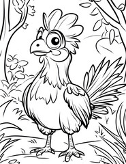 Fototapeta premium Cute cartoon chicken in forest setting, perfect for kids coloring