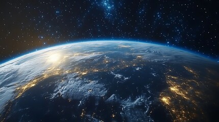 Earth from space, sunrise over cities