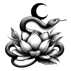 Obraz premium A snake and lotus forming an 'S' with a crescent moon accent. sketch engraving, white background.