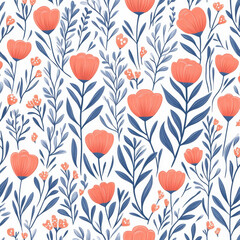 Naklejka premium Floral pattern with red flowers and blue leaves on white background