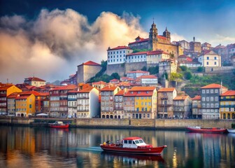 Obraz premium Foggy Porto Riverside: Douro River, Historic Architecture, Red Roofs, Portugal Photography