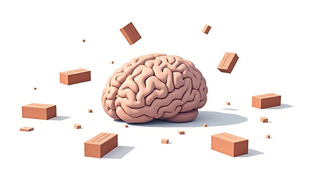 Simple 2D illustration of a brain surrounded by floating brick walls, symbolizing creative and cognitive mental blocks, on a plain white background.