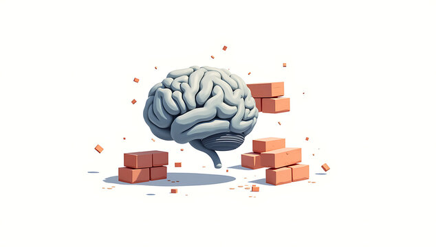 Simple 2D illustration of a brain surrounded by floating brick walls, symbolizing creative and cognitive mental blocks, on a plain white background.