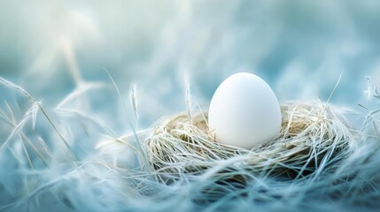 Egg nestled in a straw nest among soft blue-tinted feathers against a serene background. Nature and new beginnings concept