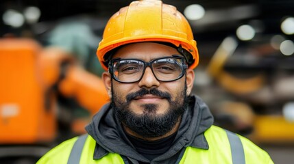 Portrait of a smiling construction worker wearing an orange hard hat and safety vest, with tools in the background