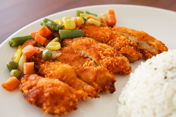 Close-up of crispy and golden brown Chicken Katsu with vegetables and white rice, Japanese food, Asian food
