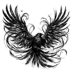Obraz premium A raven’s wings unraveling into ink strokes. sketch engraving, white background.