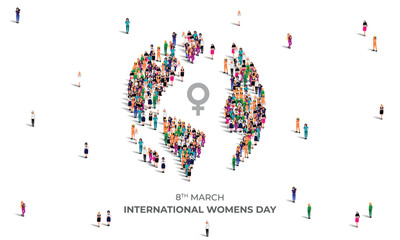 8 March happy international women's day concept. A large group of different professional women form to` create globe sign. Feminism. Women's equality day and women's empowerment.  Vector Illustration.